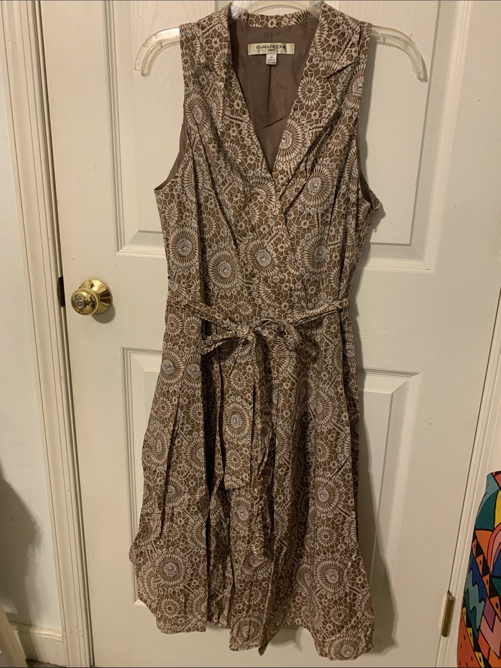 Evan Picone Brown Floral Batik Print Sleeveless Surplice Midi Dress  -  size 14